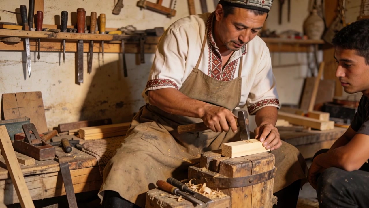 Posicionando un bloque, un artesano con gorra y delantal desbasta con cincel y mazo en el taller, enseñando a un aprendiz.