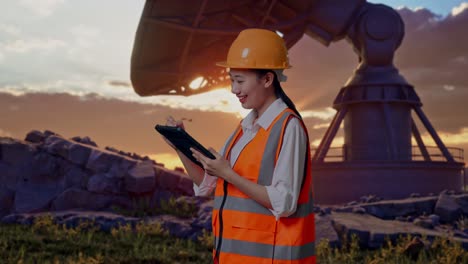 side view of asian female engineer with safety helmet taking note on the tablet while standing with large satellite dish