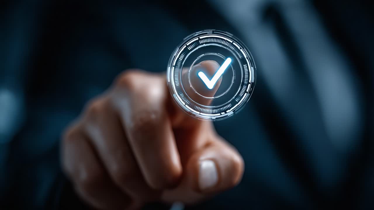 A close-up of a hand pressing a glowing checkmark button, symbolizing approval, completion, and decision-making in a digital interface, emphasizing technological advancements