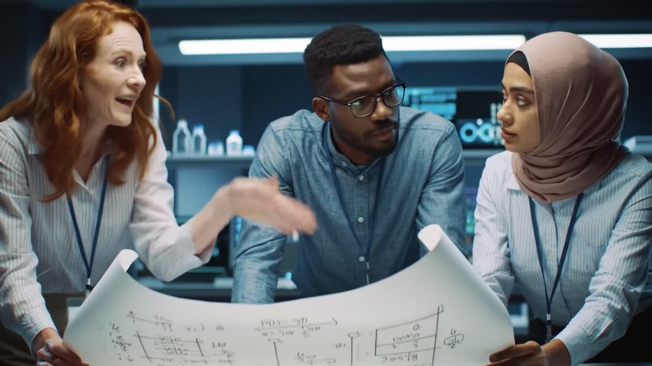 Collaboration in Innovation: Diverse Team Analyzing Project Plans and Blueprints in a Modern Workspace Environment with High-Tech Equipment