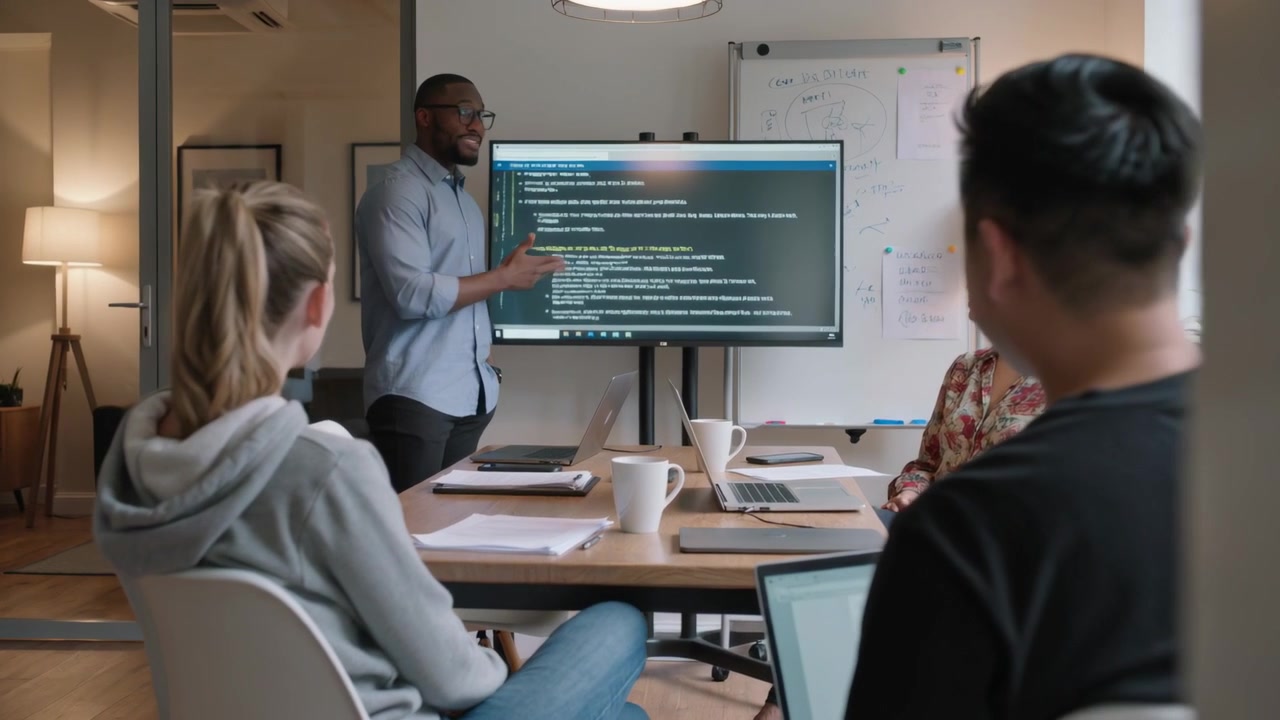Pointing presenter in light shirt explaining code on monitor at meeting start in conference room