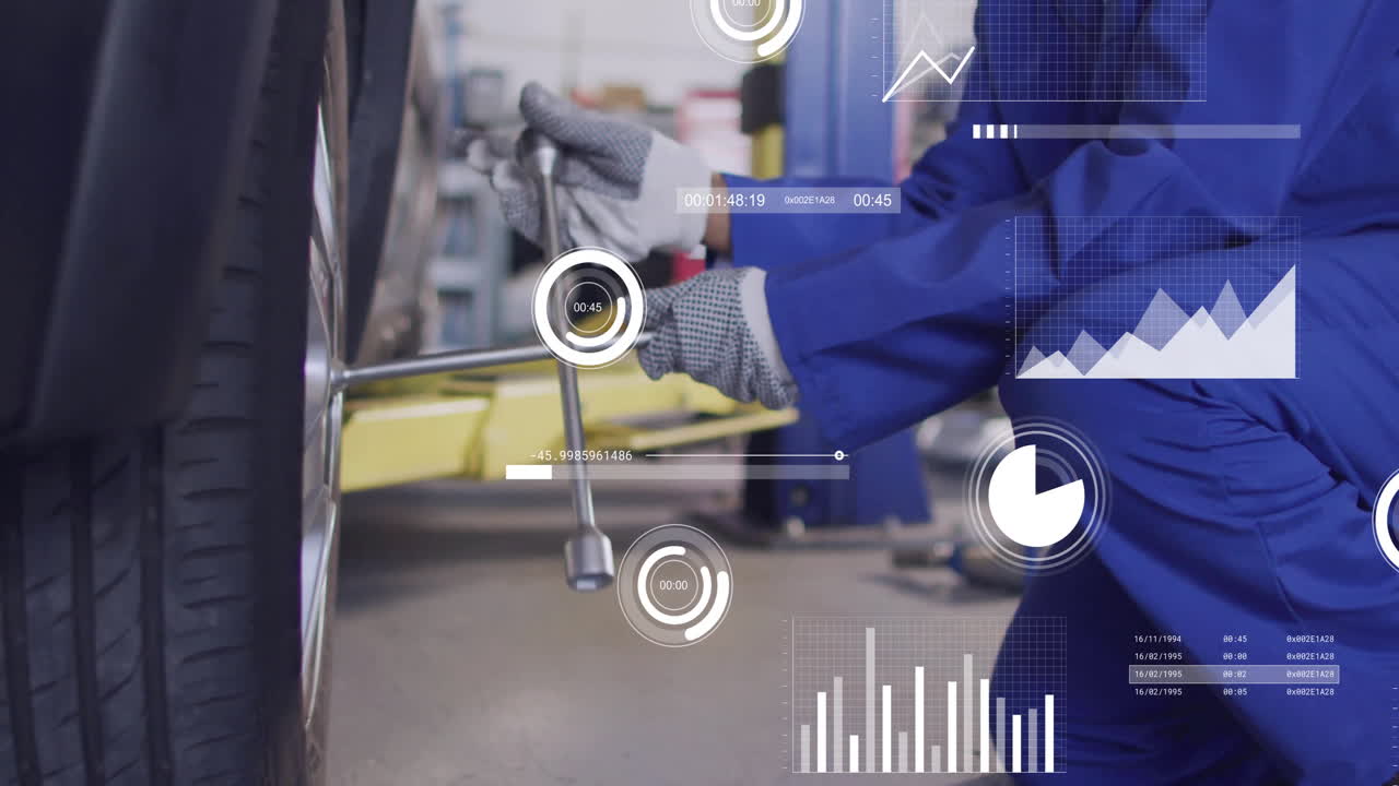 Animation of data processing and diagrams over caucasian male mechanic working in workshop