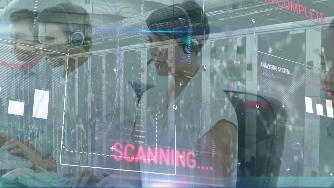 Animation af databehandling over forretningsfolk, der bruger telefon-headset