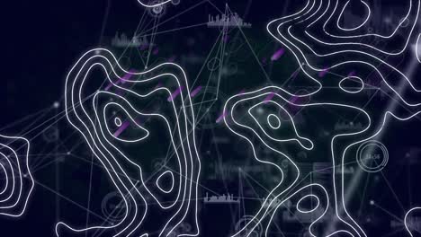 senderos de luz púrpura sobre la topografía y la red de conexiones sobre fondo negro