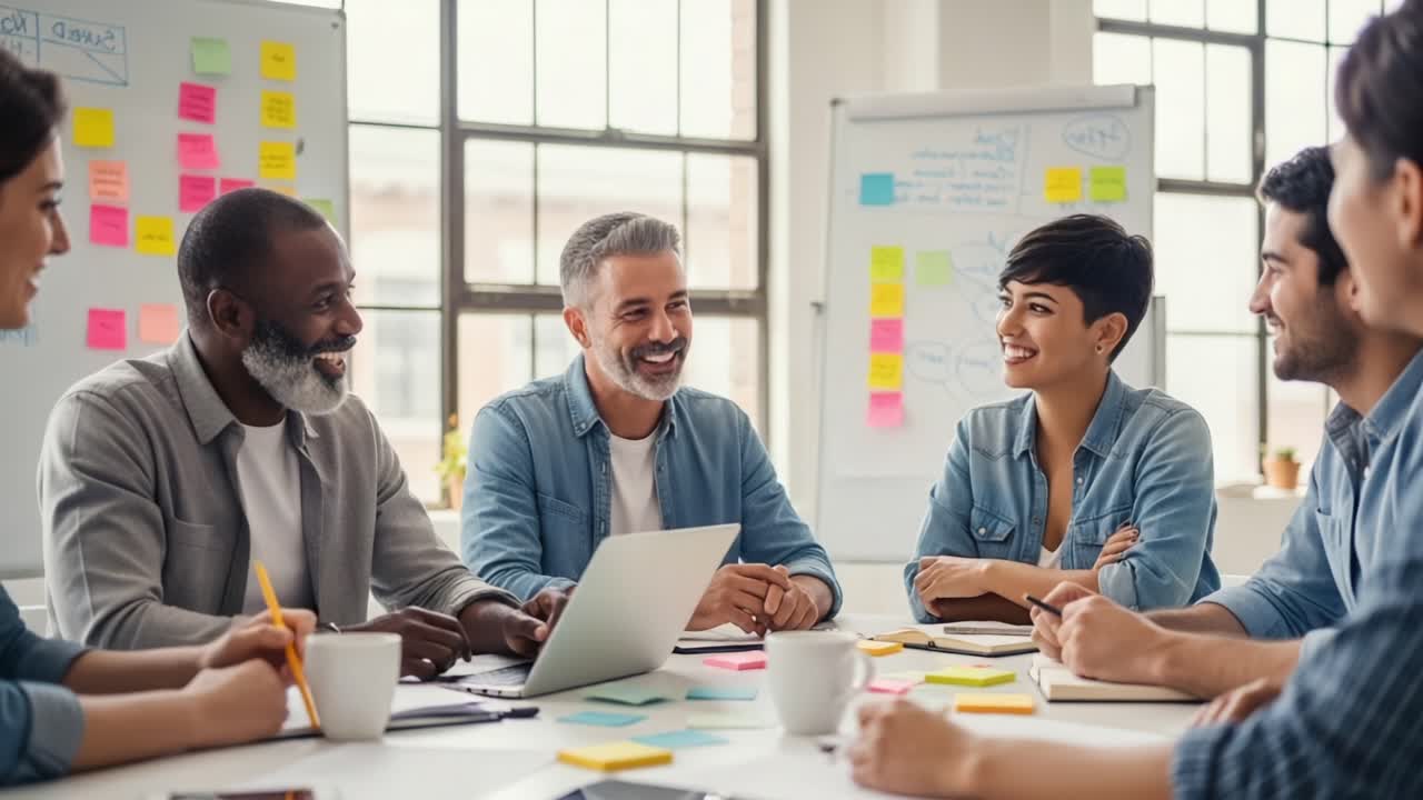 Gruppo di professionisti impegnati in una sessione di brainstorming collaborativa, che condividono idee e intuizioni in un moderno ambiente d'ufficio con supporti visivi in mostra