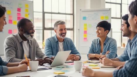 group of professionals engaged in a collaborative brainstorming session, sharing ideas and insights in a modern office setting with visual aids on display
