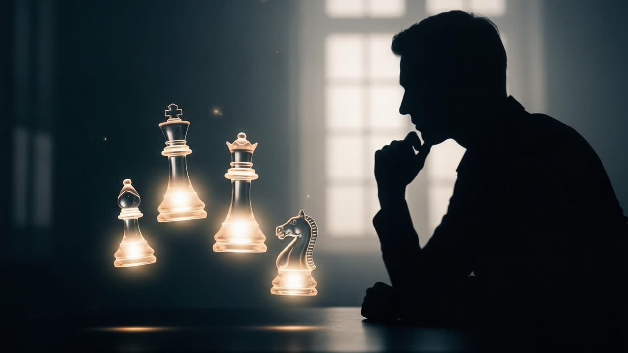 A Contemplative Player Engaged in a Strategic Chess Battle, Illuminated Pieces Reflecting an Intricate Dance of Thought and Planning in a Mystical Environment