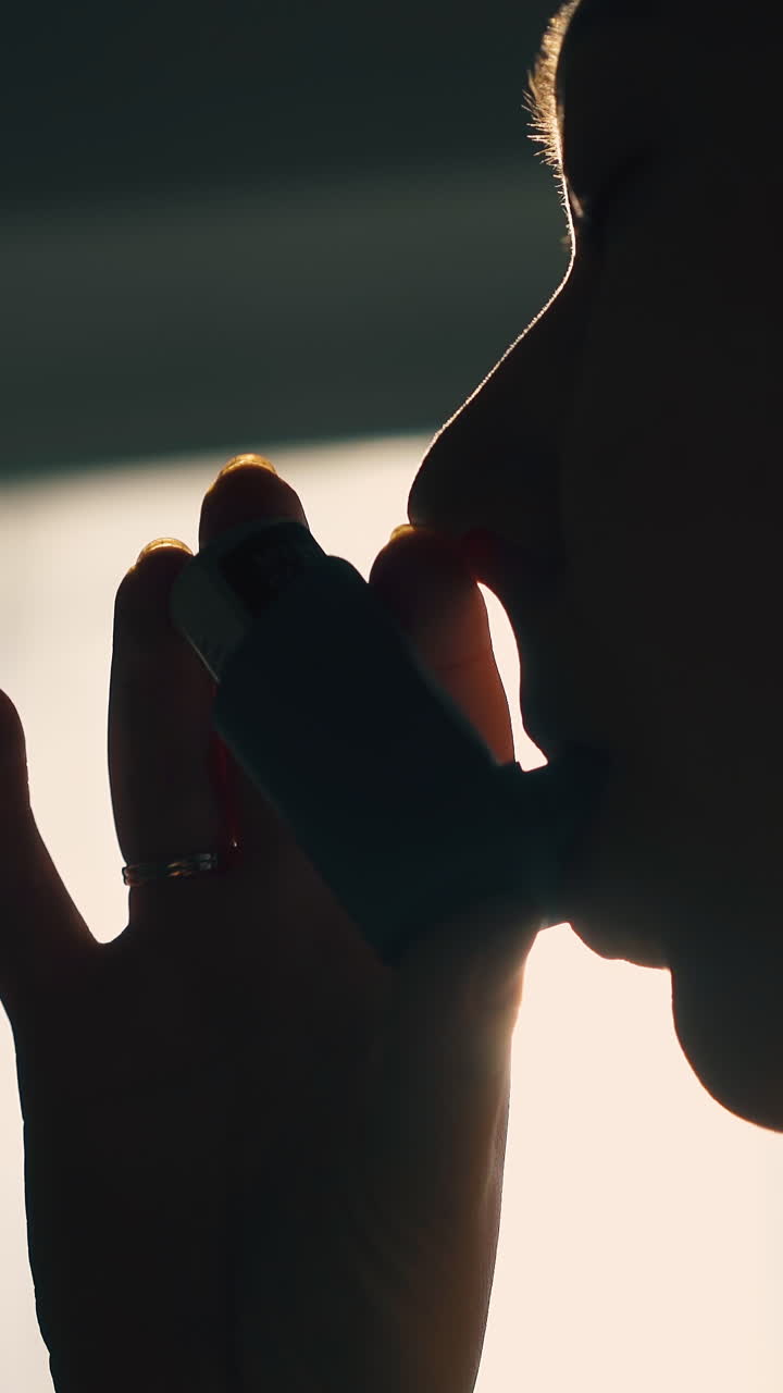 CU: dark silhouette of young woman using inhaler to relief asthma symptom against backlight in room extreme close view