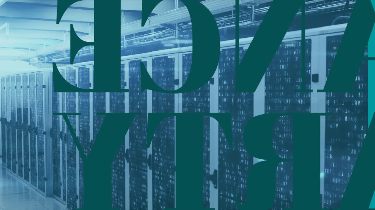 Animation of fight text banner in seamless pattern against computer server room
