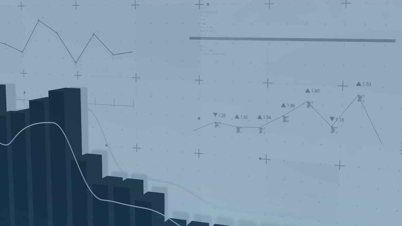 Animated financial data charts and graphs over blue background