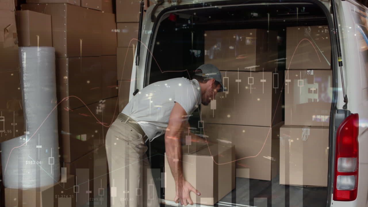 animación del procesamiento de datos financieros sobre el repartidor cargando el coche fuera del almacén