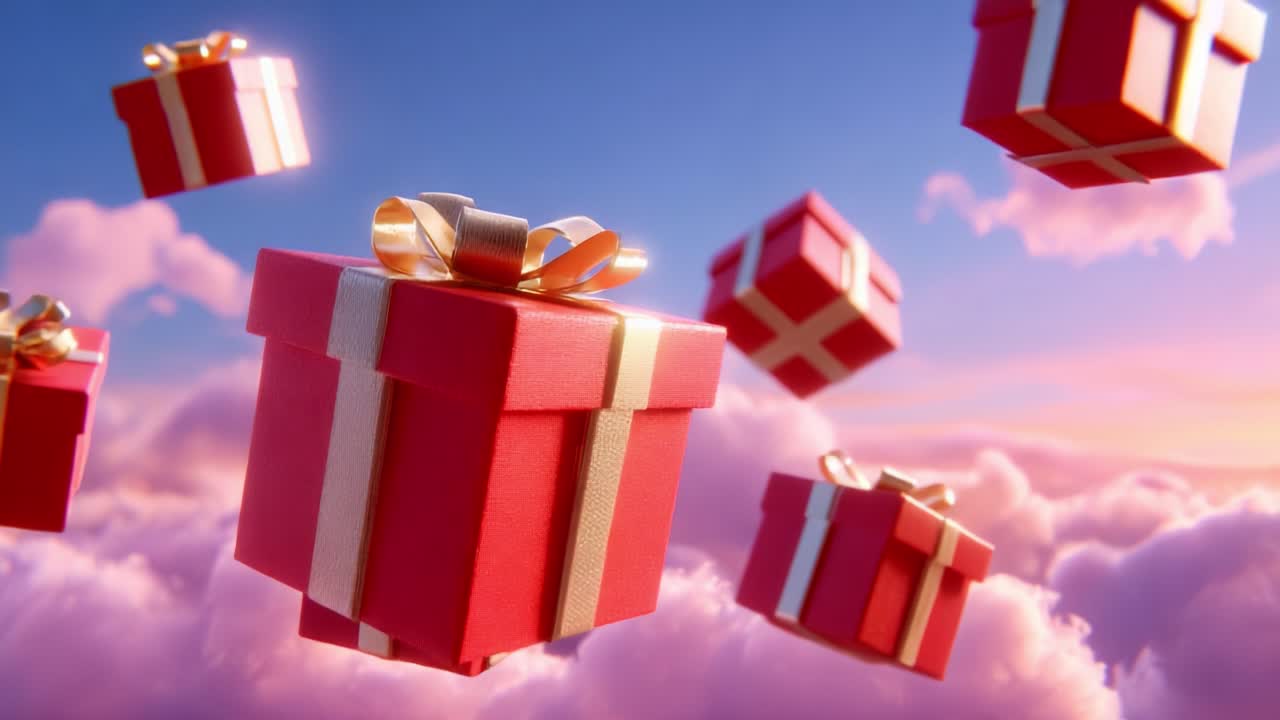 A Captivating Visual of Floating Red Gift Boxes Amongst Soft Clouds During a Mesmerizing Sunset, Evoking a Sense of Wonder and Anticipation in a Magical Sky Setting with Vibrant Colors