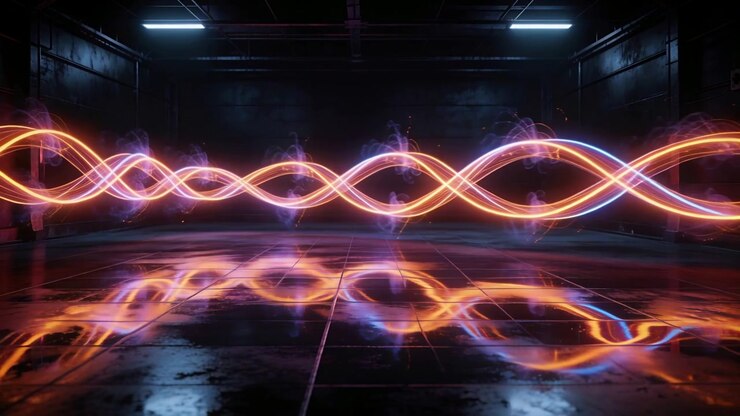 Animating paired neon ribbons shifting on wet tiled warehouse floor, playback starting with sparks