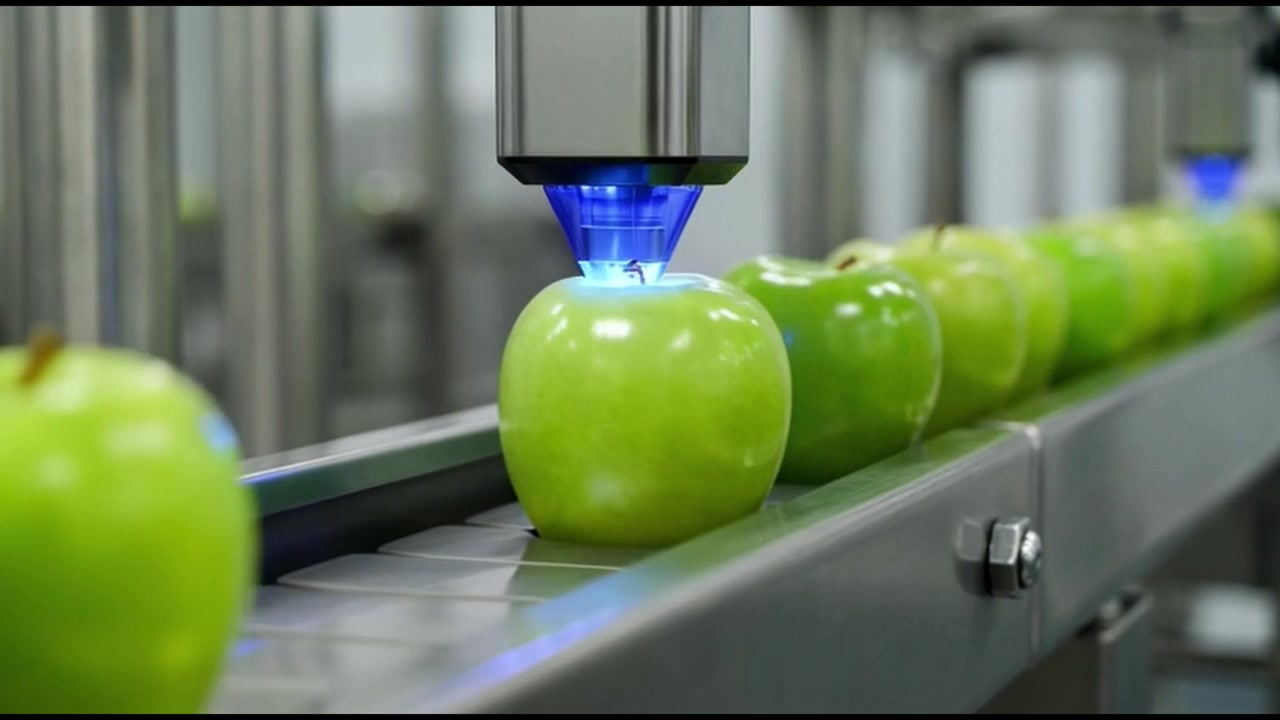 Green Apples Moving on Industrial Conveyor Belt for Quality Inspection
