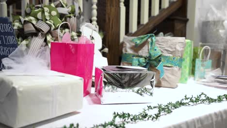 Wrapped-Gifts-and-Presents-on-Table-Display-at-Wedding-Reception-Party