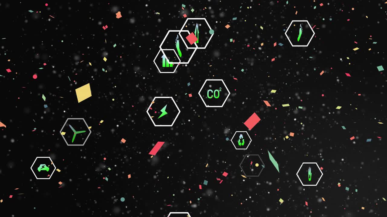Hexagon icons fading into view, rotating and drifting with 3D confetti to visualize energy network