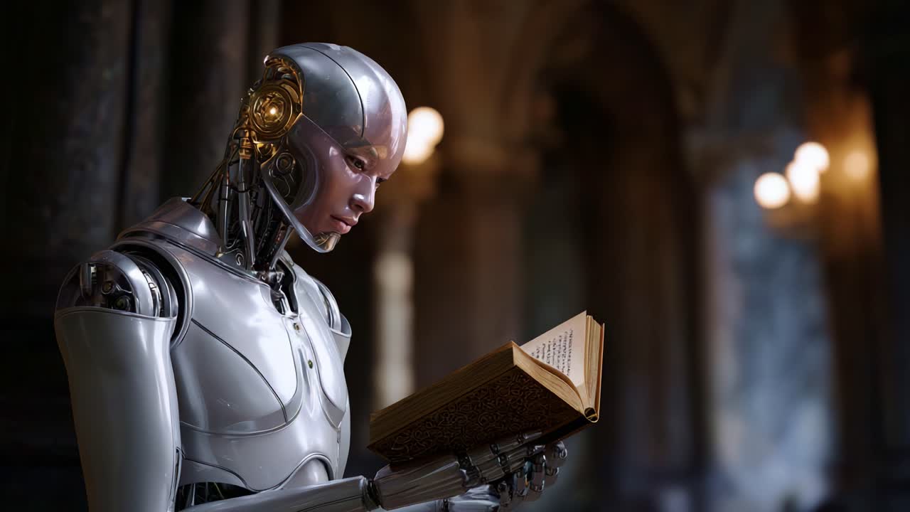 Humanoidní robot se zaujetím prohlíží starobylou knihu v bohatě detailním historickém prostředí, čímž demonstruje spojení technologie a znalostí
