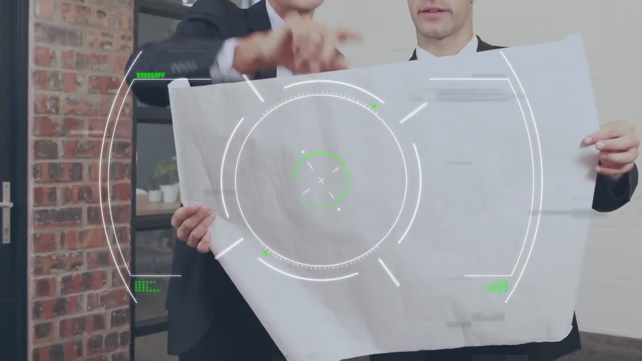 animación de escaneo de alcance sobre hombres de negocios caucásicos hablando