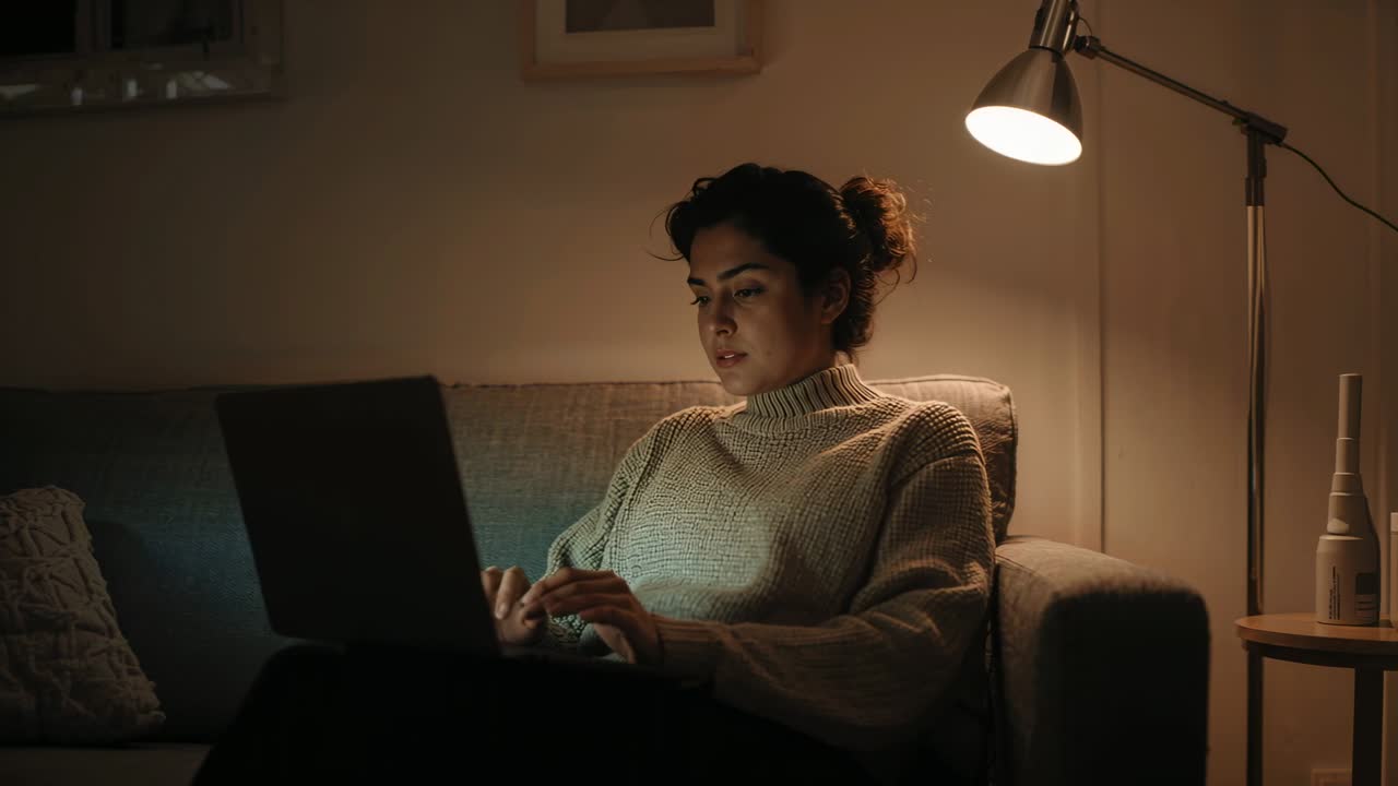 Una donna con chignon e dolcevita apre il laptop, chinandosi in avanti per digitare sul divano per lavoro, con una lampada.
