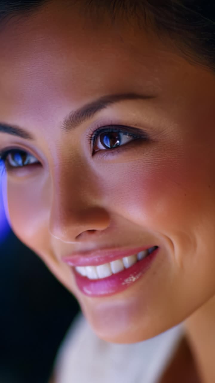A Captivating Portrait of a Smiling Woman with Radiant Eyes, Highlighting Her Joyful Expression and Charming Features in a Vivid and Engaging Close-Up Frame