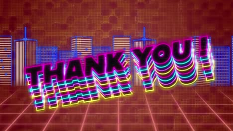 animation of thank you text over digital city on red background