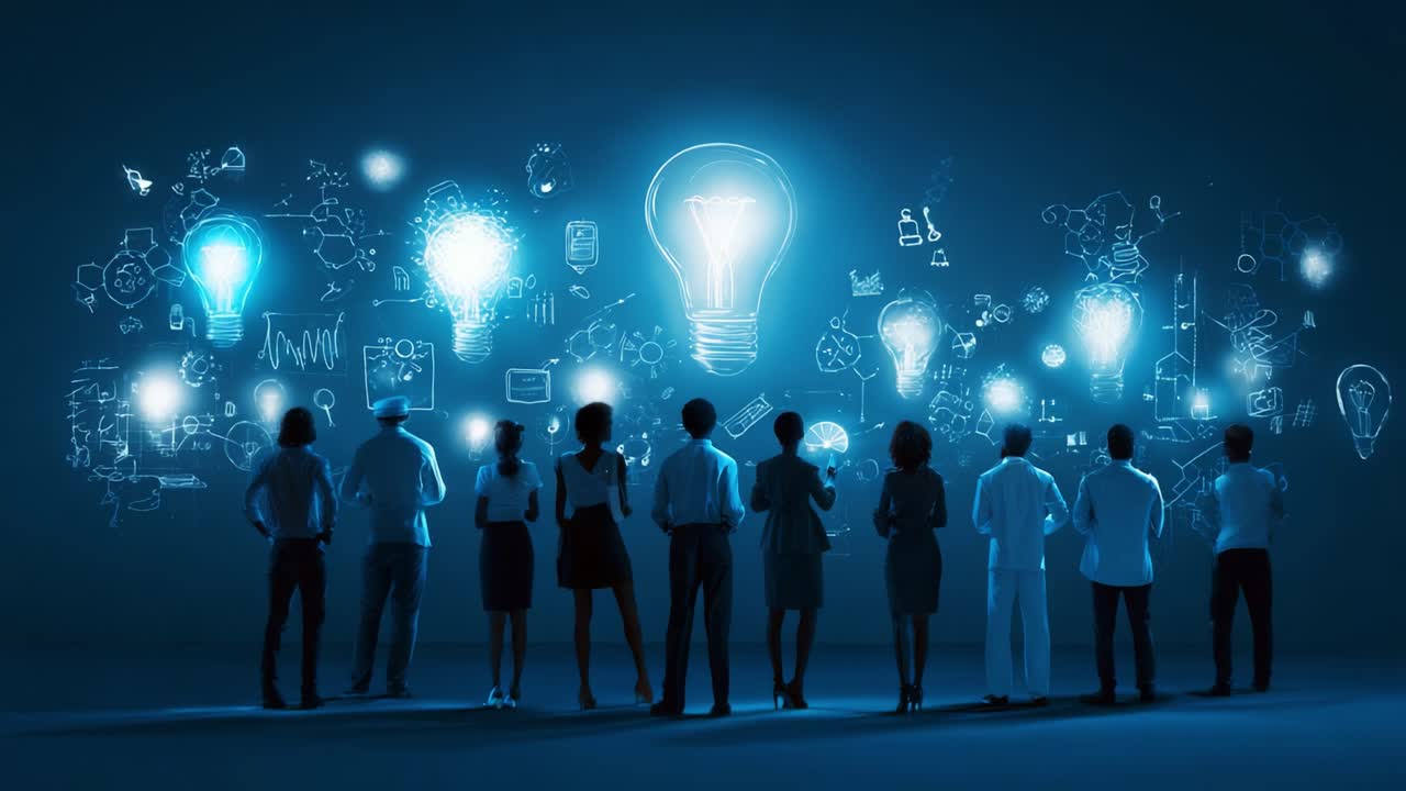 A Diverse Group of Professionals Engaging with Innovative Ideas Illustrated Through Bright Light Bulbs and Scientific Diagrams in a Modern Creative Workspace