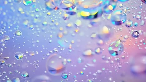 colorful iridescent water droplets sparkle and reflect light in a dreamy, pastel hued background. capturing mesmerizing visuals with vibrant colors and serene ambiance