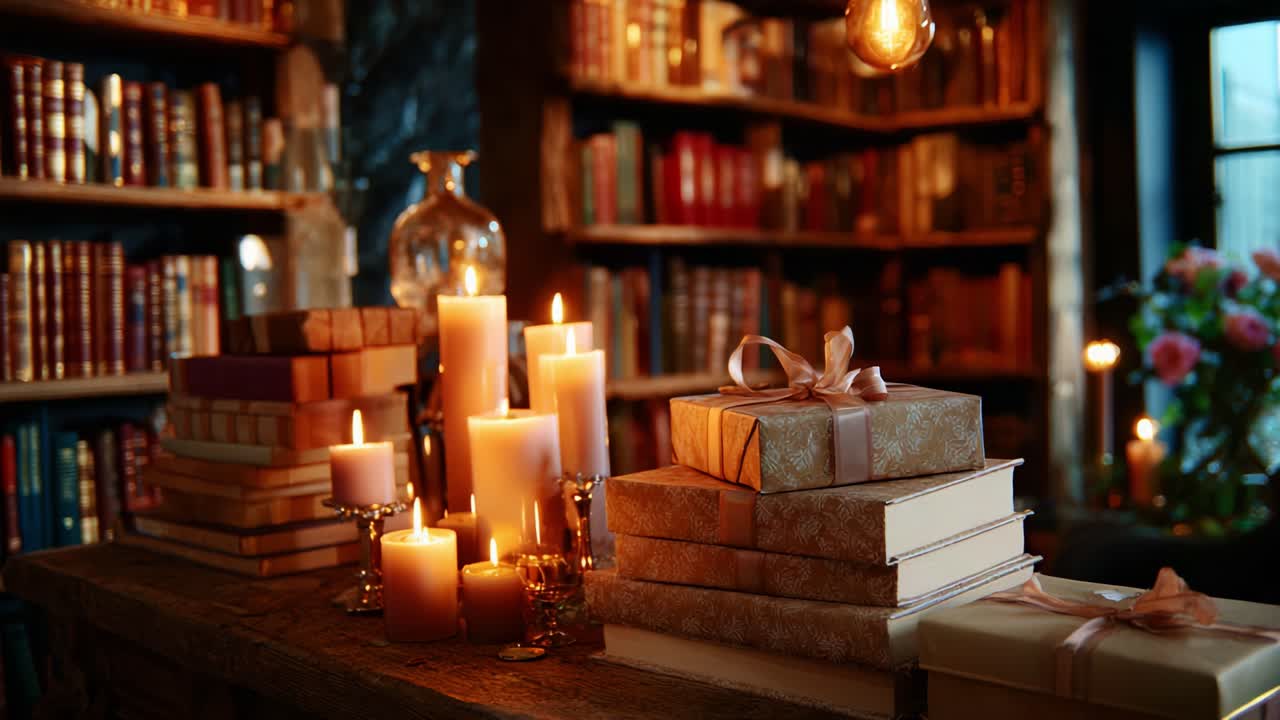 Una serata accogliente e incantevole in una libreria, con la calda luce delle candele e regali splendidamente confezionati su un tavolo rustico in legno, circondato da scaffali pieni di libri e decorato con fiori