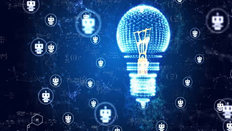 Animation of chatbot icons, light bulb and networks over mathematical equations