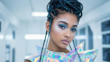 stunning portrait of a young model showcasing futuristic fashion with sparkling face art and vibrant blue braids in a sleek, modern setting