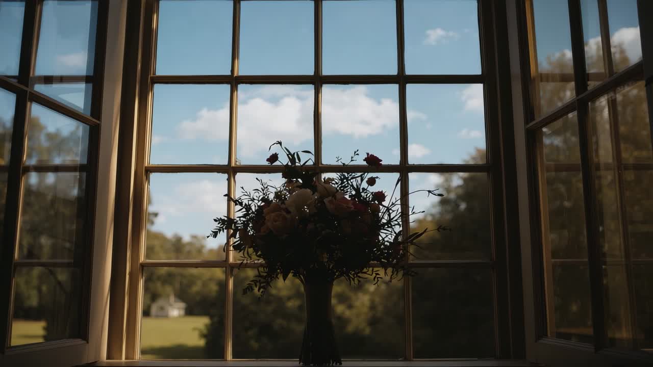 Sunlight shifting and breeze stirring stems, framing tall vase with bouquet on sill, revealing lawn