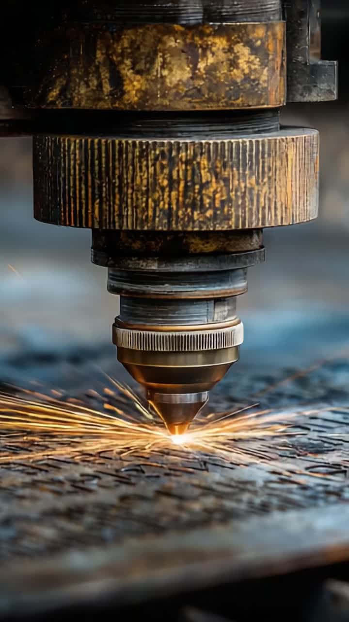 Precision Laser Cutting Process Highlighted in Two Stages, Showcasing the Powerful Beam and Intricate Detail on Metal Surface With Spark Flashes