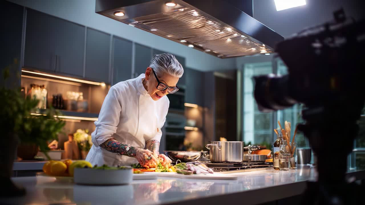 A skilled chef prepares fresh ingredients in a modern kitchen, showcasing culinary expertise and the art of cooking. The ambiance is warm and inviting, perfect for gourmet meals