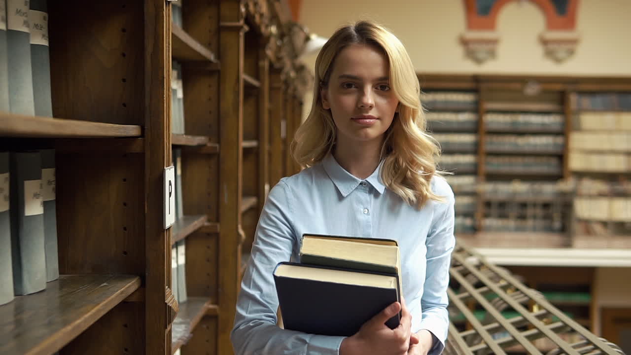 Woman in a library holding books