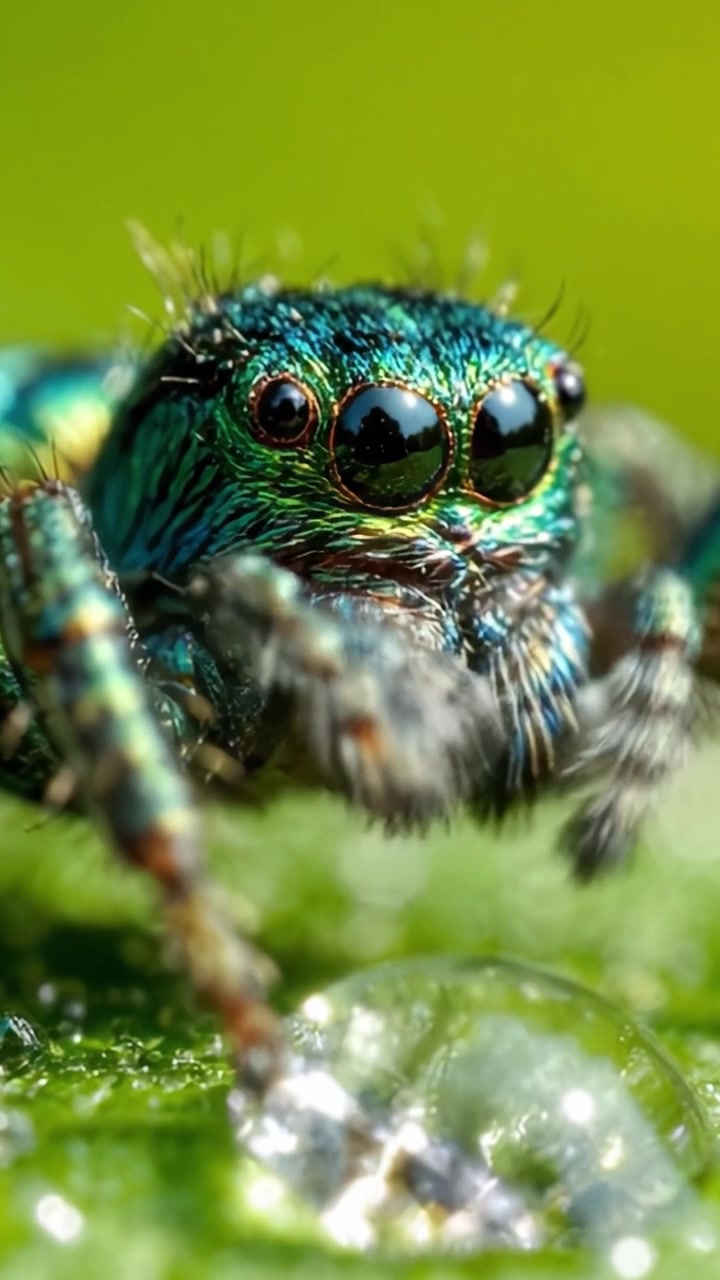 A Close-Up Perspective of a Shimmering Green Spider Showcasing Intricate Details and Vivid Colors on a Leaf with Dew Drops