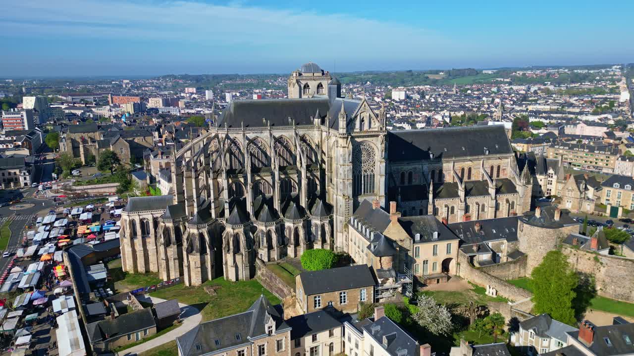 Impressive Le Mans Cathedral, Saint-Julien, Marché des Jacobins, Sarthe, France. Aerial drone backward