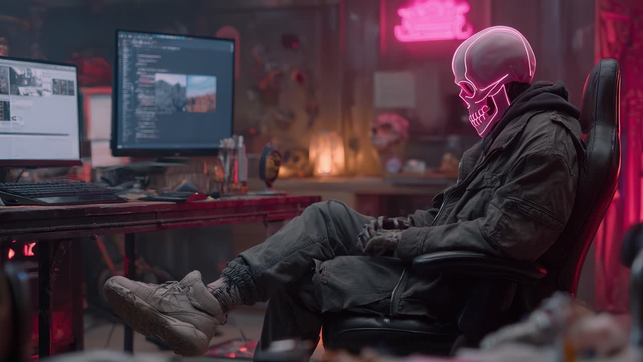 Futuristická scéna zobrazující postavu se svítící maskou lebky sedící v přítmí místnosti plné technologie, evokující kyberpunkovou estetiku špičkové sofistikovanosti.
