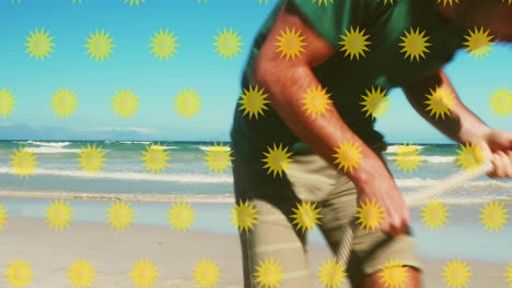 animación de iconos del sol sobre una feliz familia caucásica jugando en la playa