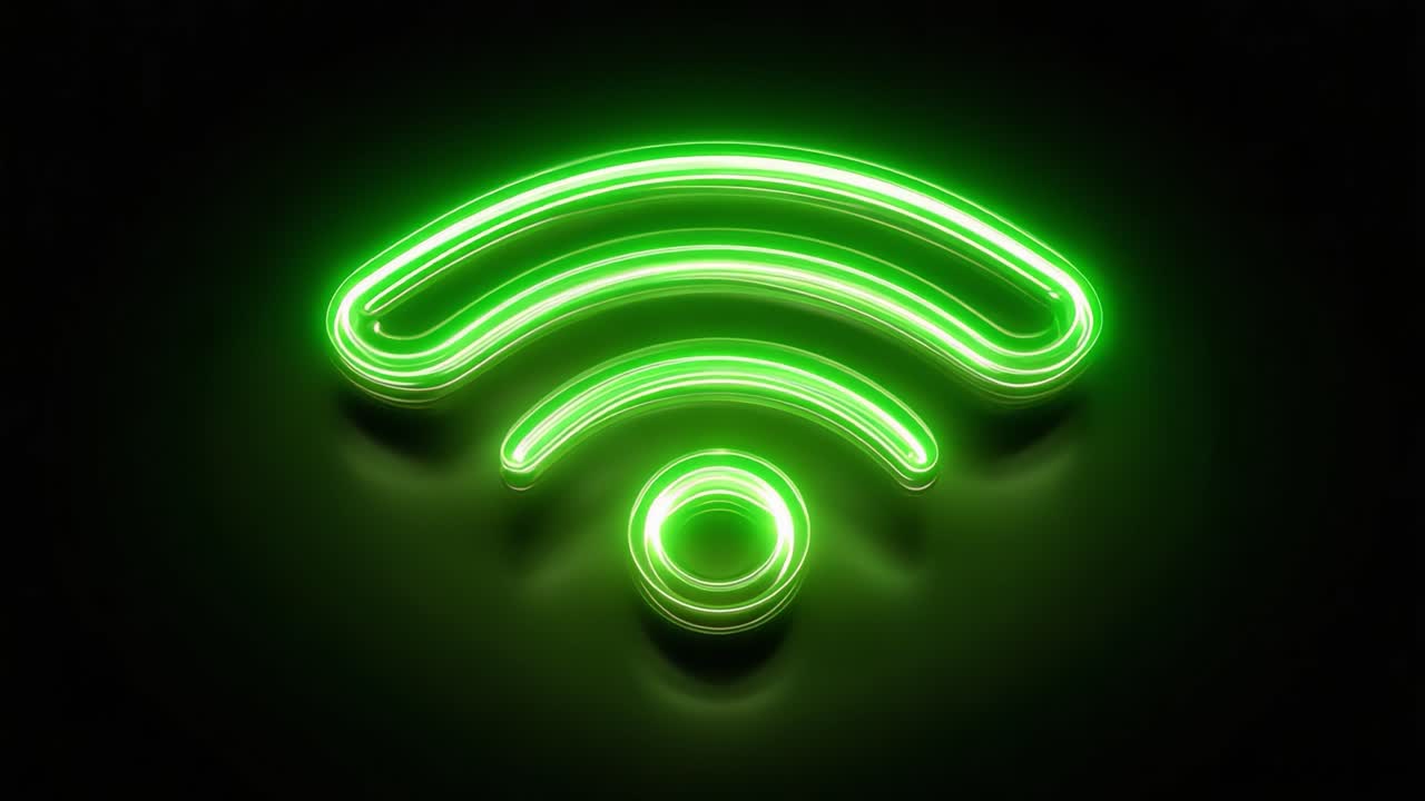 Vibrant Green Wireless Signal Symbol Illuminated Against a Dark Background, Representing Connectivity and Modern Technology in a Digital Age