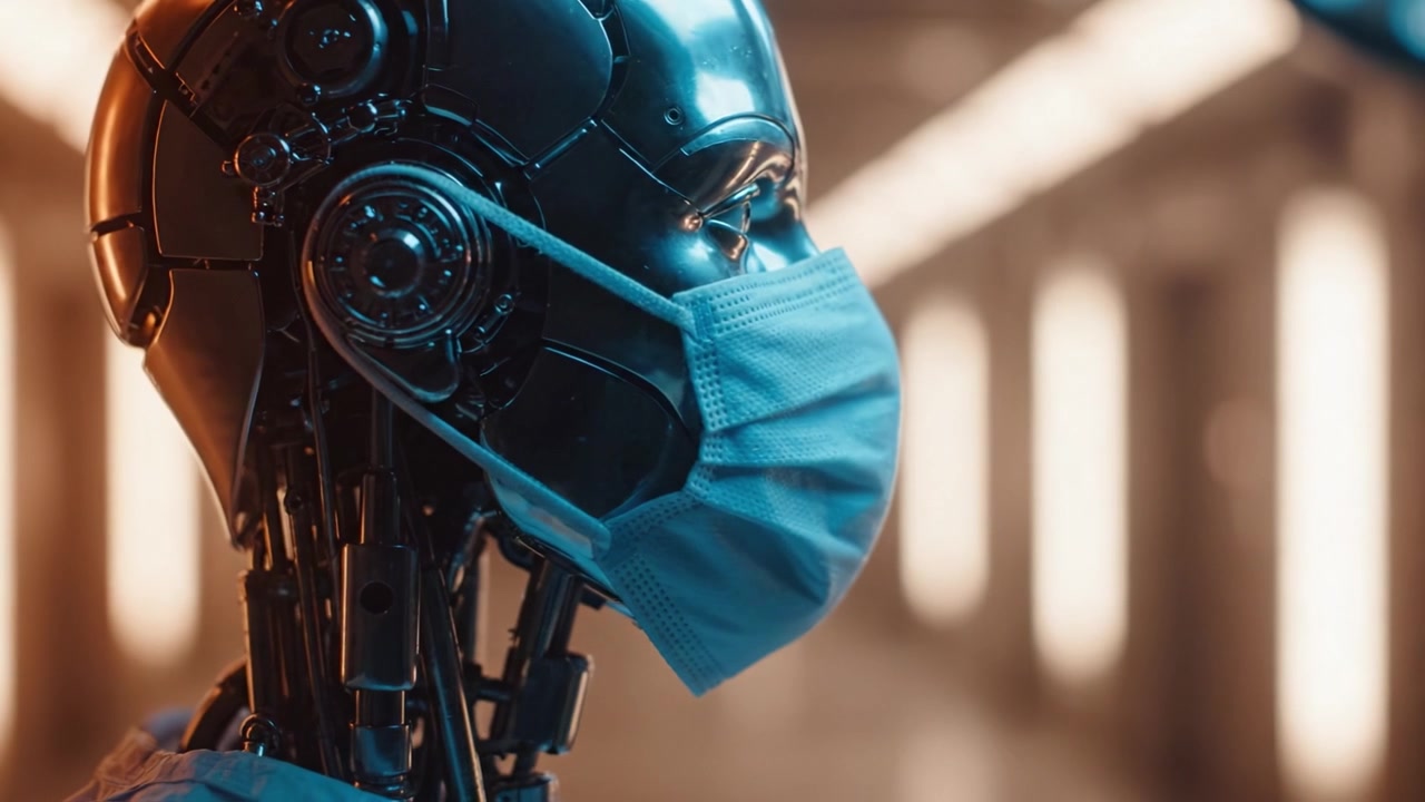 En futuristisk robot med avancerade funktioner bär en kirurgisk mask i en modern miljö, vilket belyser interaktionen mellan hälsa och teknik i ett unikt koncept.