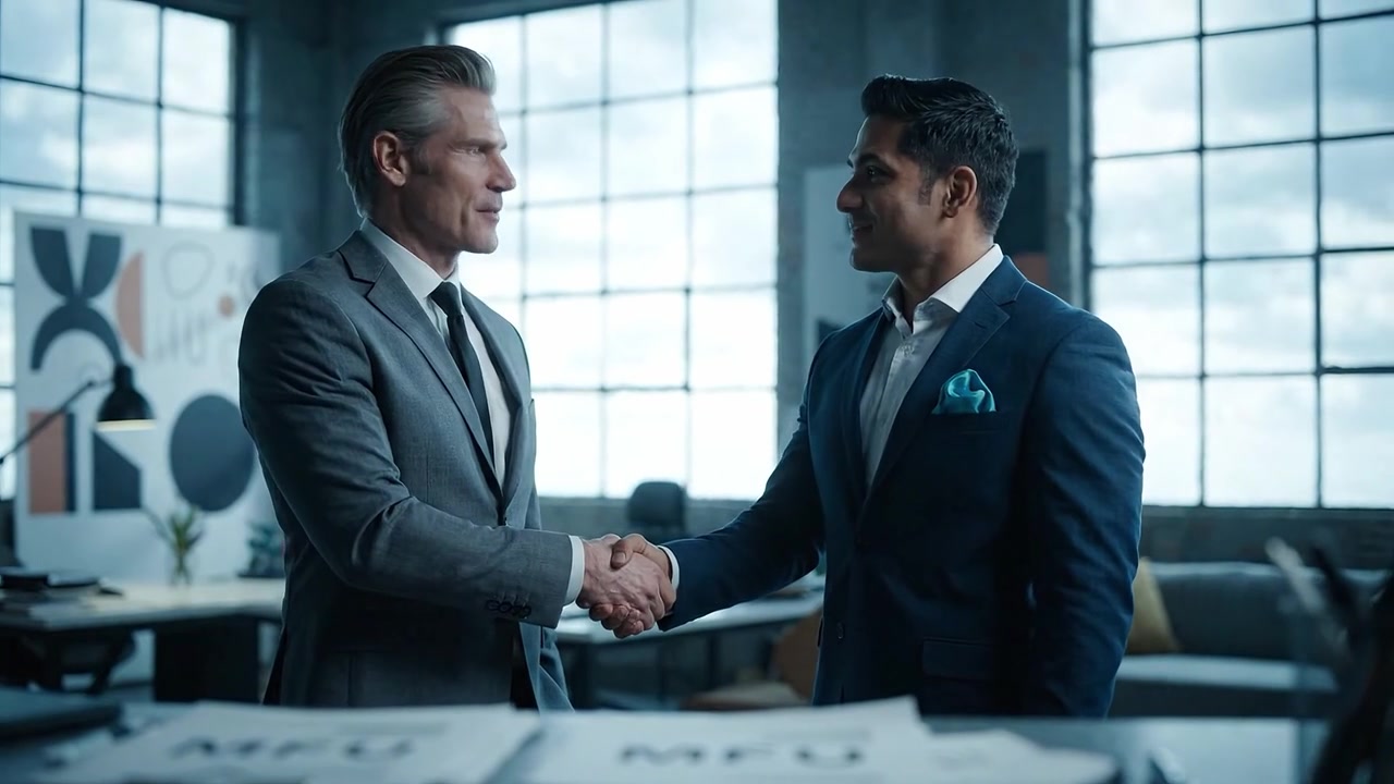 Two Professionals Engaging in a Business Deal Inside a Modern Office with Large Windows, Featuring an Atmosphere of Collaboration and Opportunity