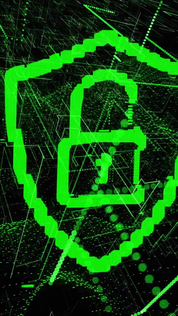 Animation of padlock in shield, lines and dynamic waves over illuminated data server systems