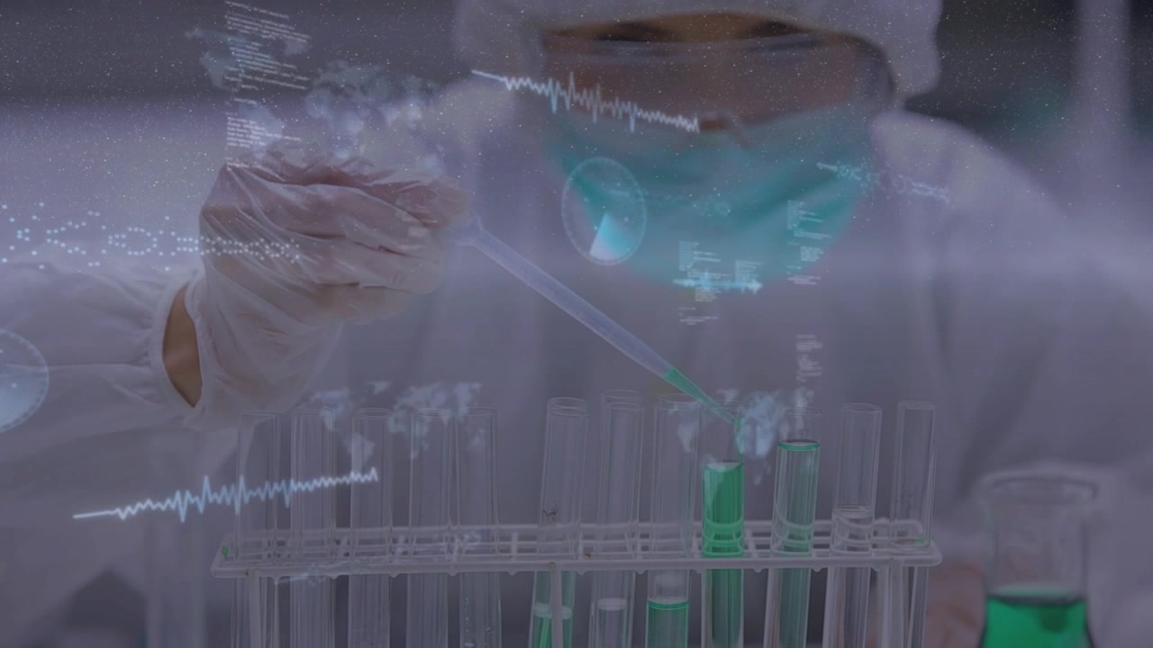 Tecnica di laboratorio che preme una pipetta, aggiungendo una soluzione verde in provette per i test, con l'HUD che si espande.