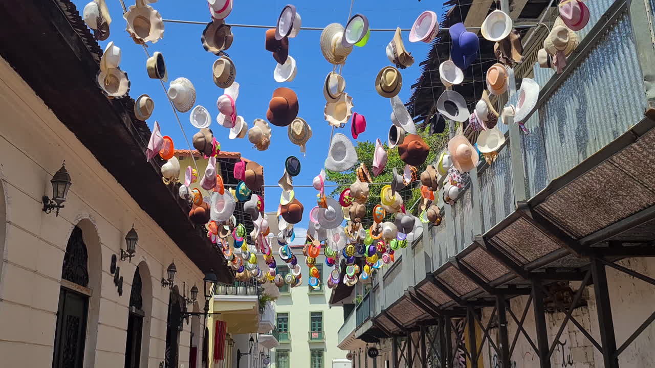 Calle de los Sombreros or Hats Street in Panama City, Panama, Colorful Hats Between Old Colonial Buildings, Walking Under POV
