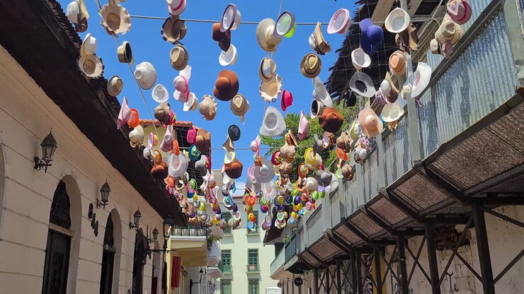 Calle de los Sombreros or Hats Street in Panama City, Panama, Colorful Hats Between Old Colonial Buildings, Walking Under POV