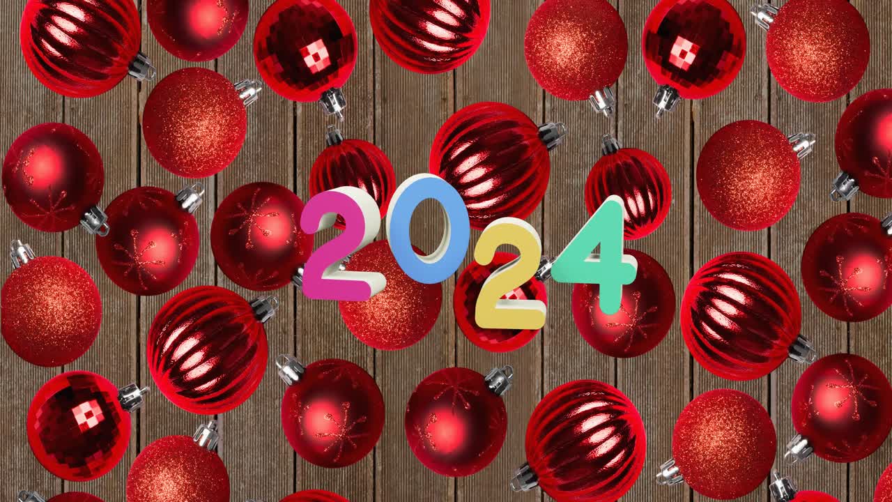 animación del texto de 2024 y decoraciones navideñas en el fondo