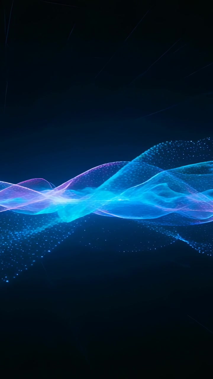 Vertical video: Sequence starting luminous ribbon shifting right for display, with glowing dots