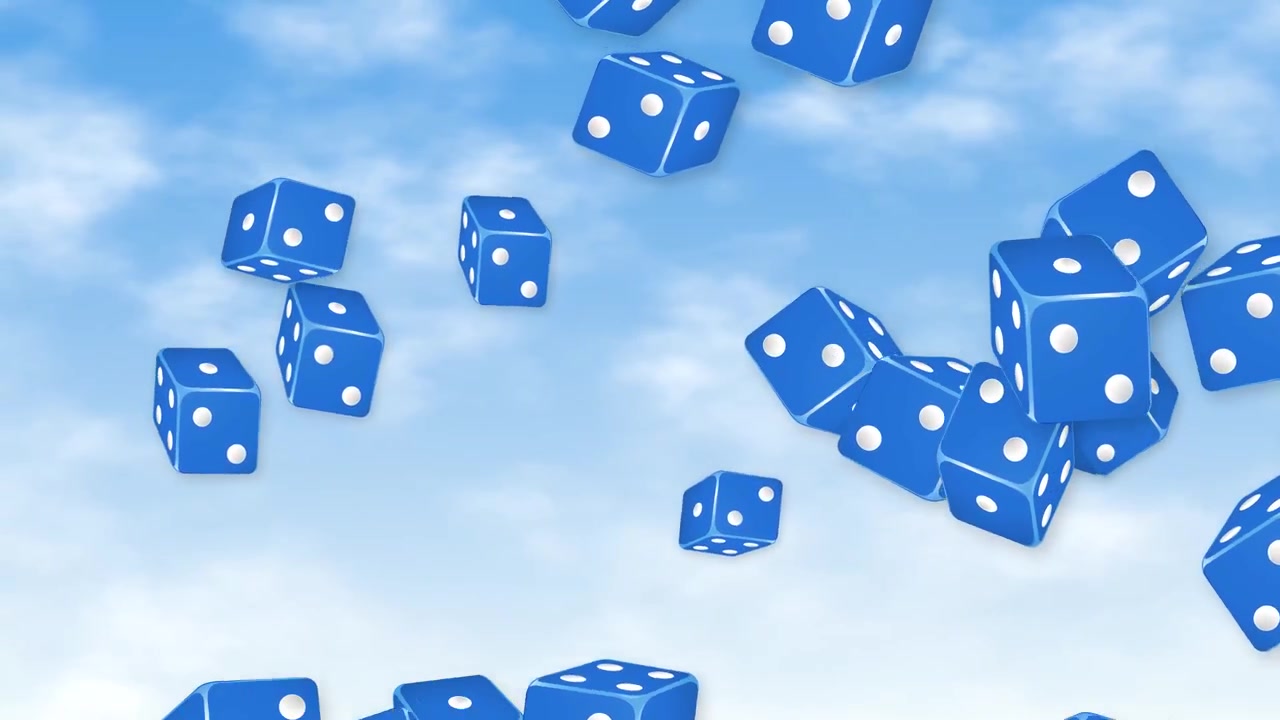 Dadi da gioco blu cadono attraverso un cielo luminoso con soffici nuvole bianche