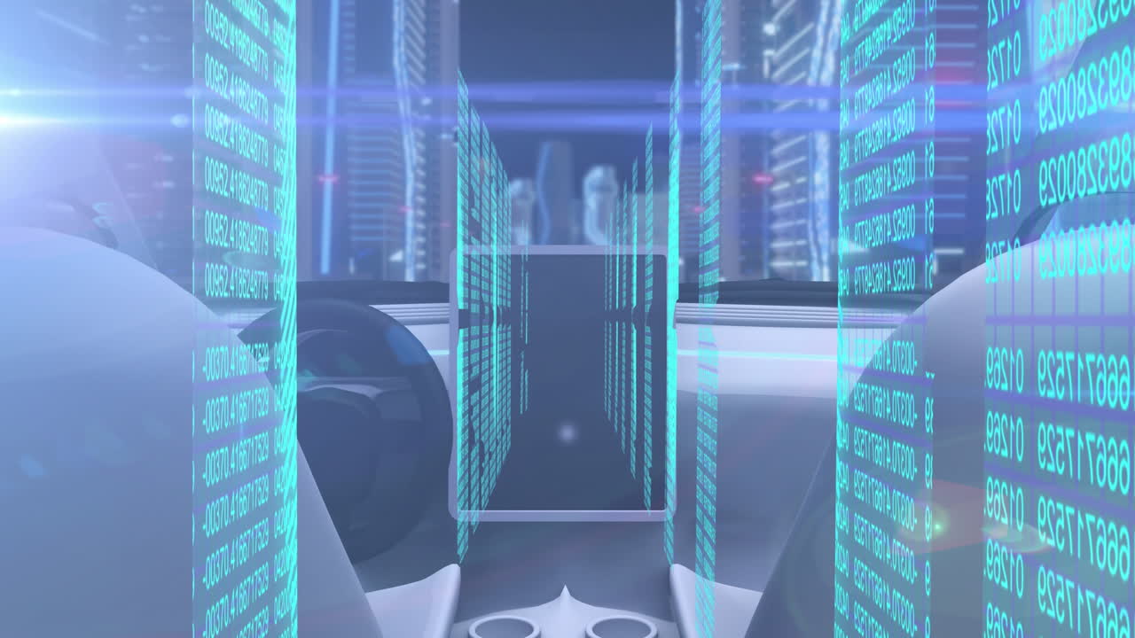 자율주행 자동차의 대시보드에서 생체인식 지문과 데이터 처리의 애니메이션