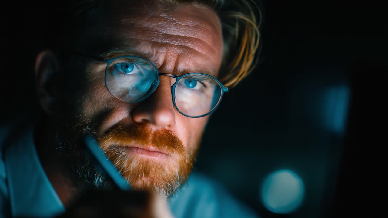 En eftertænksom professionel analyserer data med intenst fokus: Indfanger essensen af beslutsomhed og indsigt i et dæmpet belyst miljø